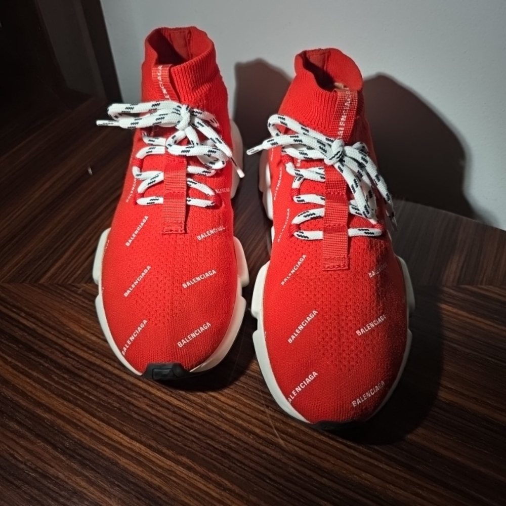Balenciaga Red and White Knit Sneakers